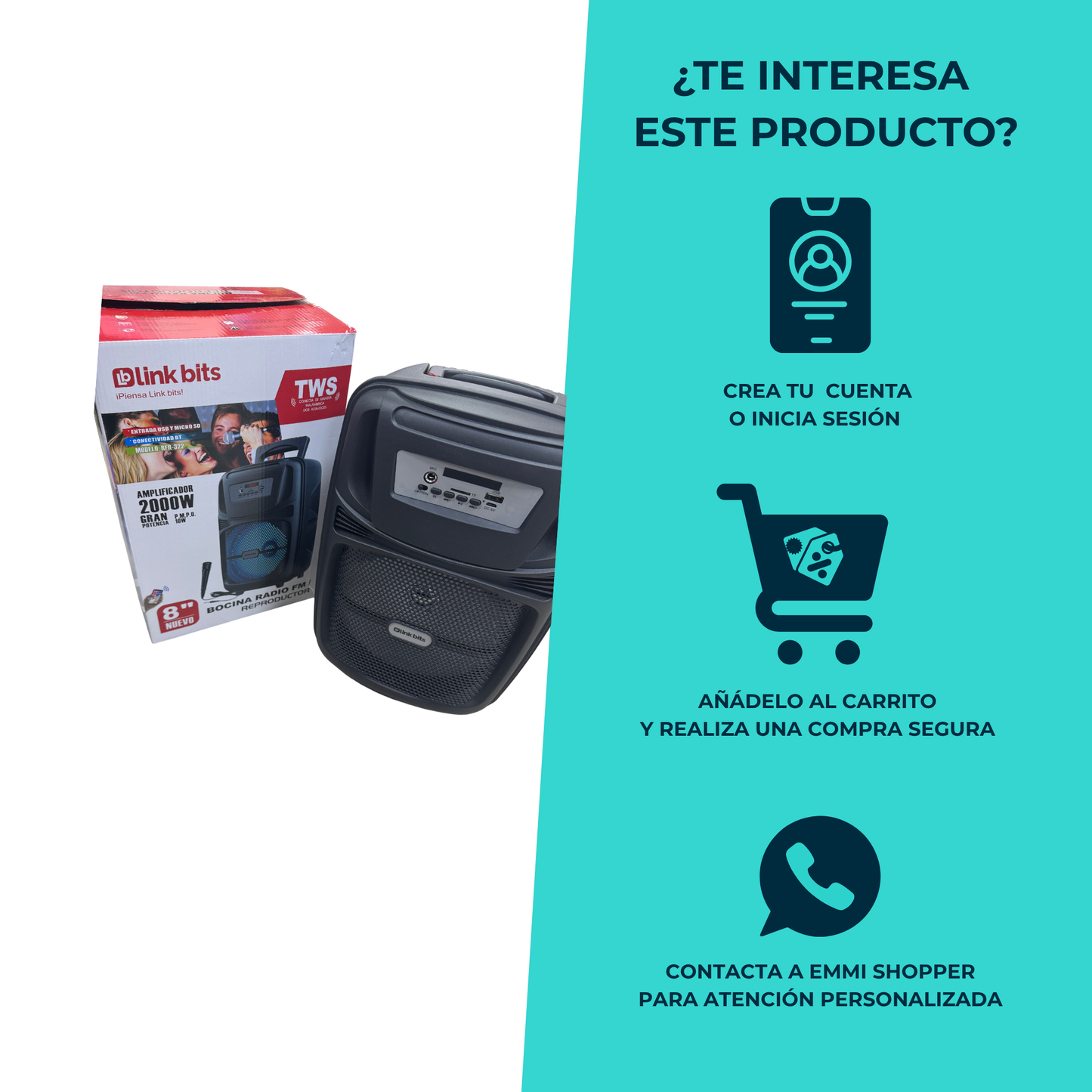 Bocina Link Bits 8” 2000W Bluetooth y FM