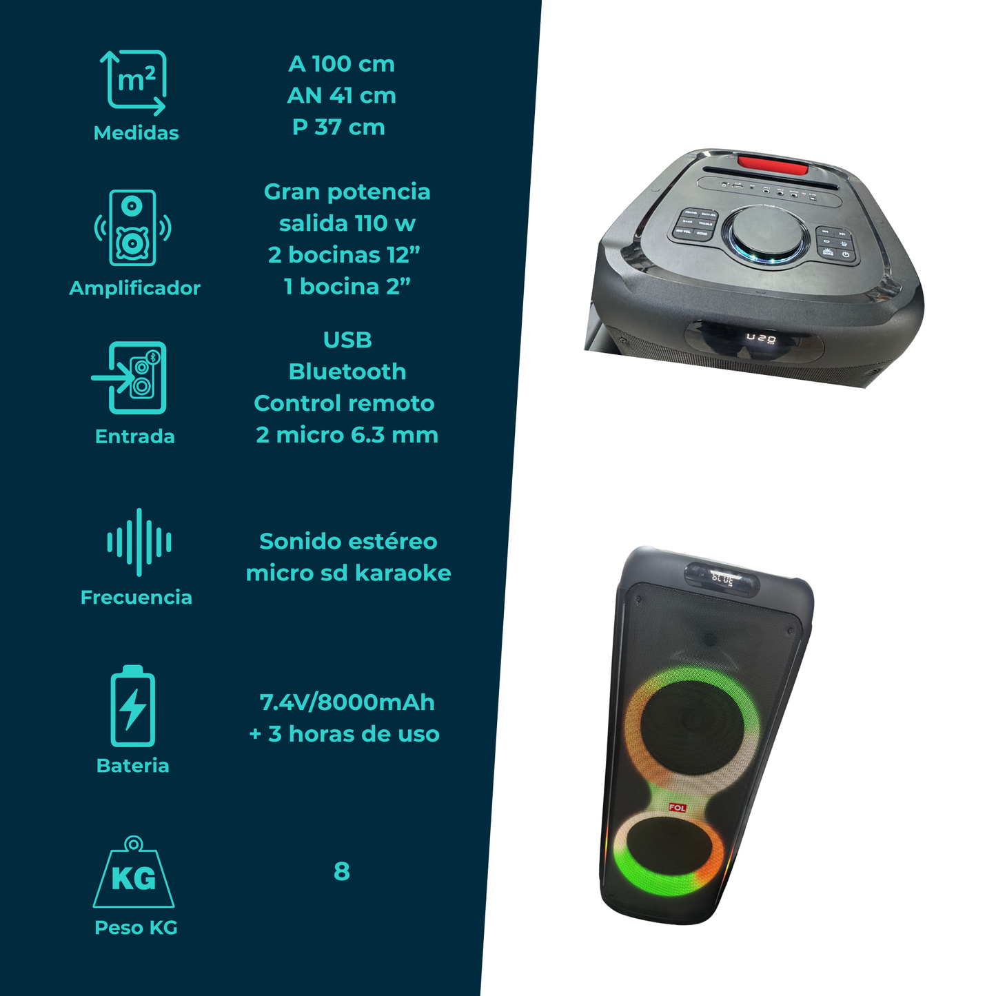 Bocina Torre Profesional con Bluetooth, USB 110W RMS