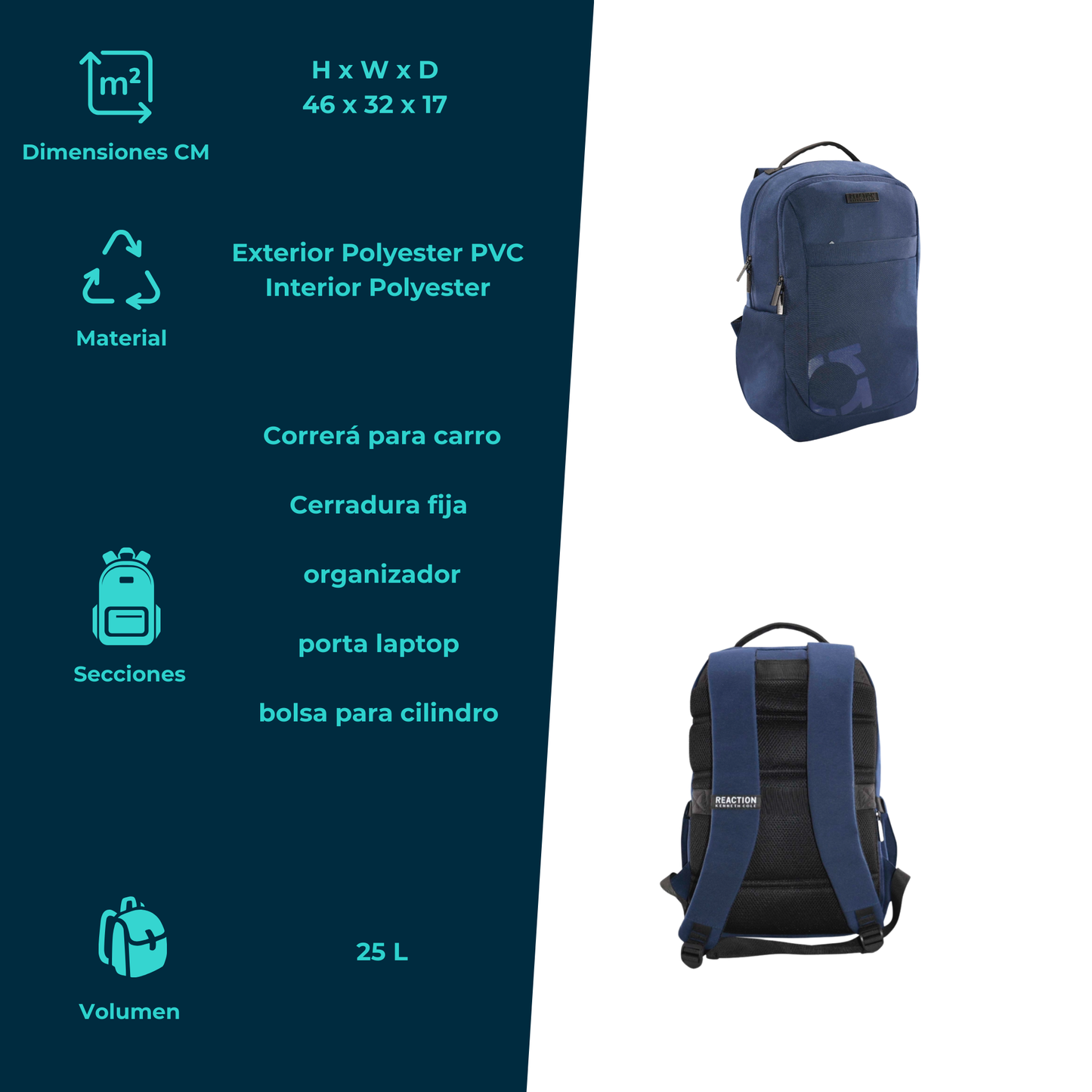 Mochila Kenneth Cole Reaction Azul 20L Nylon y Compartimento para Laptop