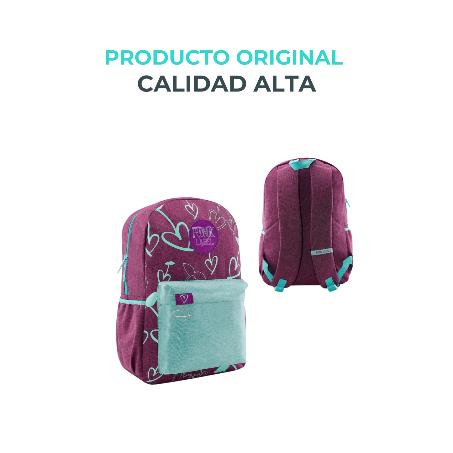 Mochila Escolar Pink Label Corazones Menta