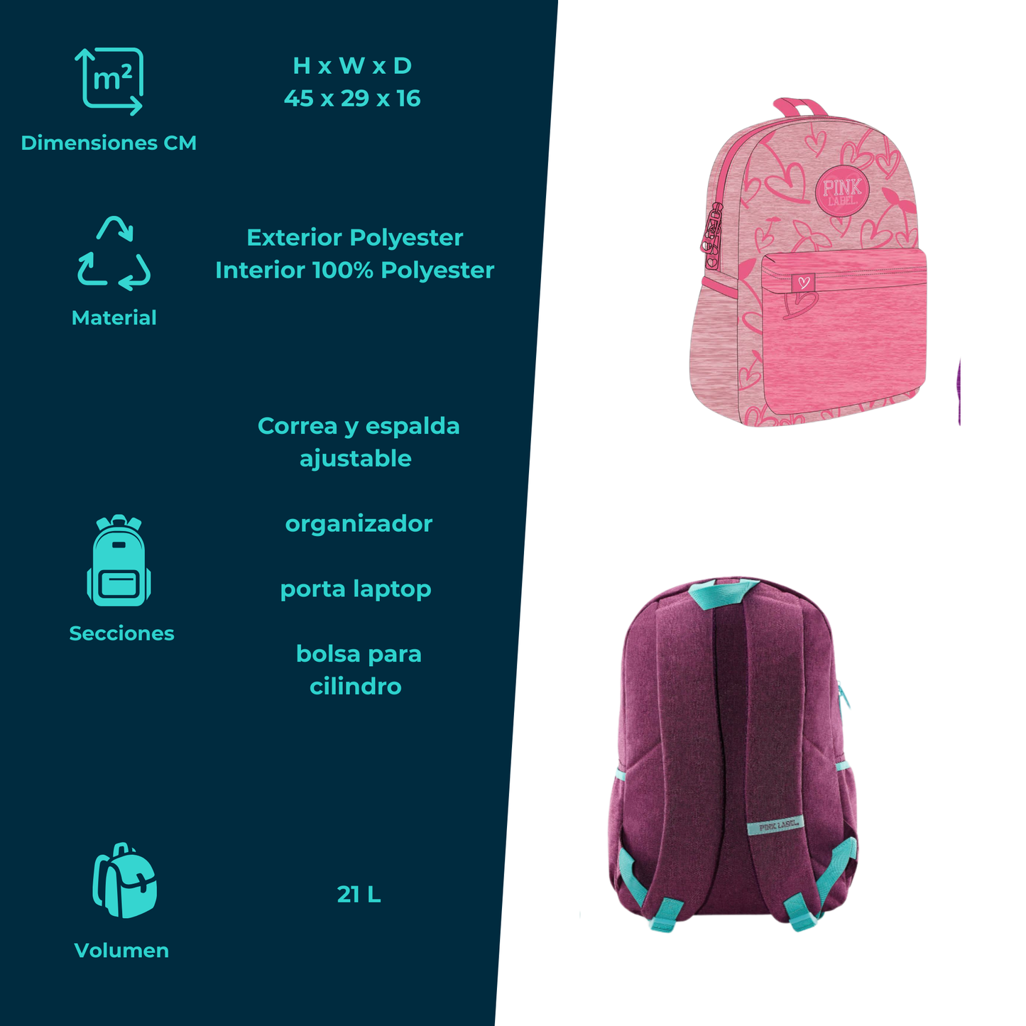 Mochila Escolar Pink Label Corazones Menta