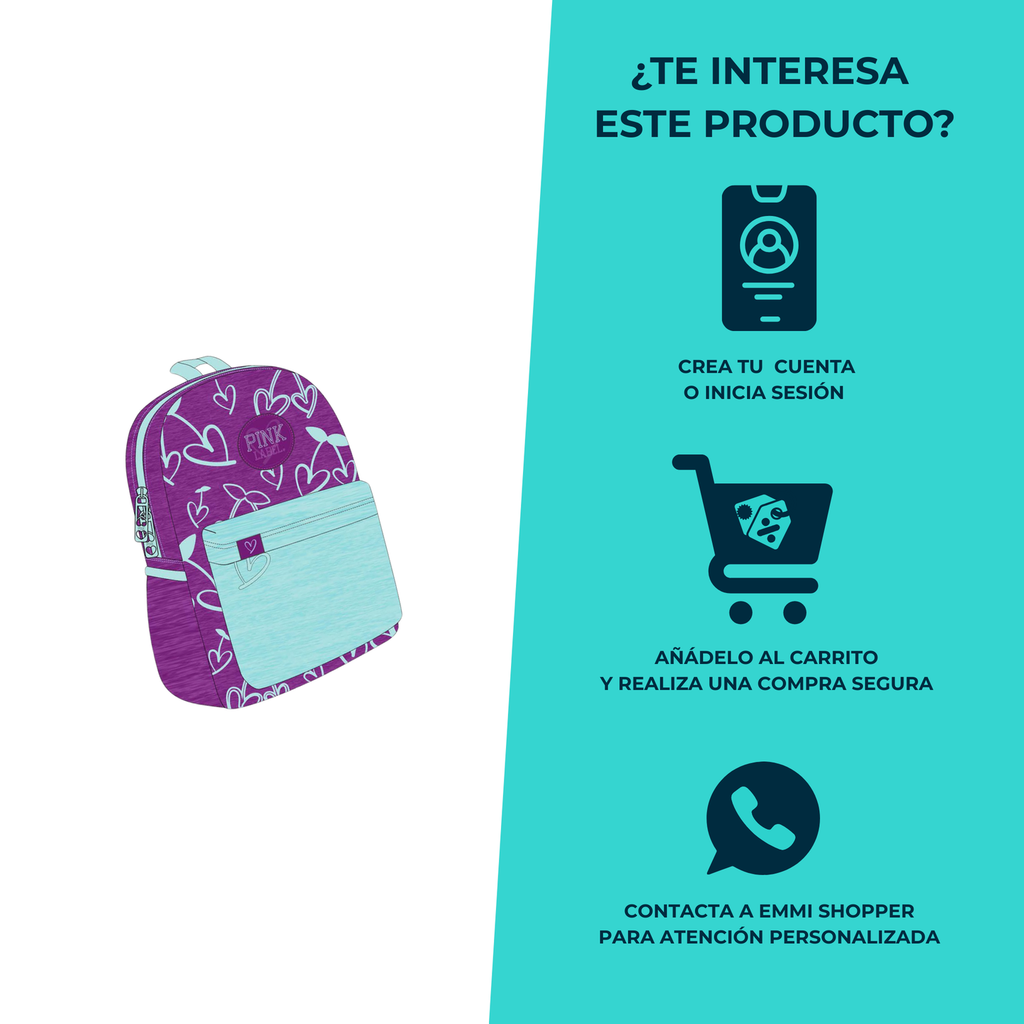Mochila Escolar Pink Label Corazones Menta