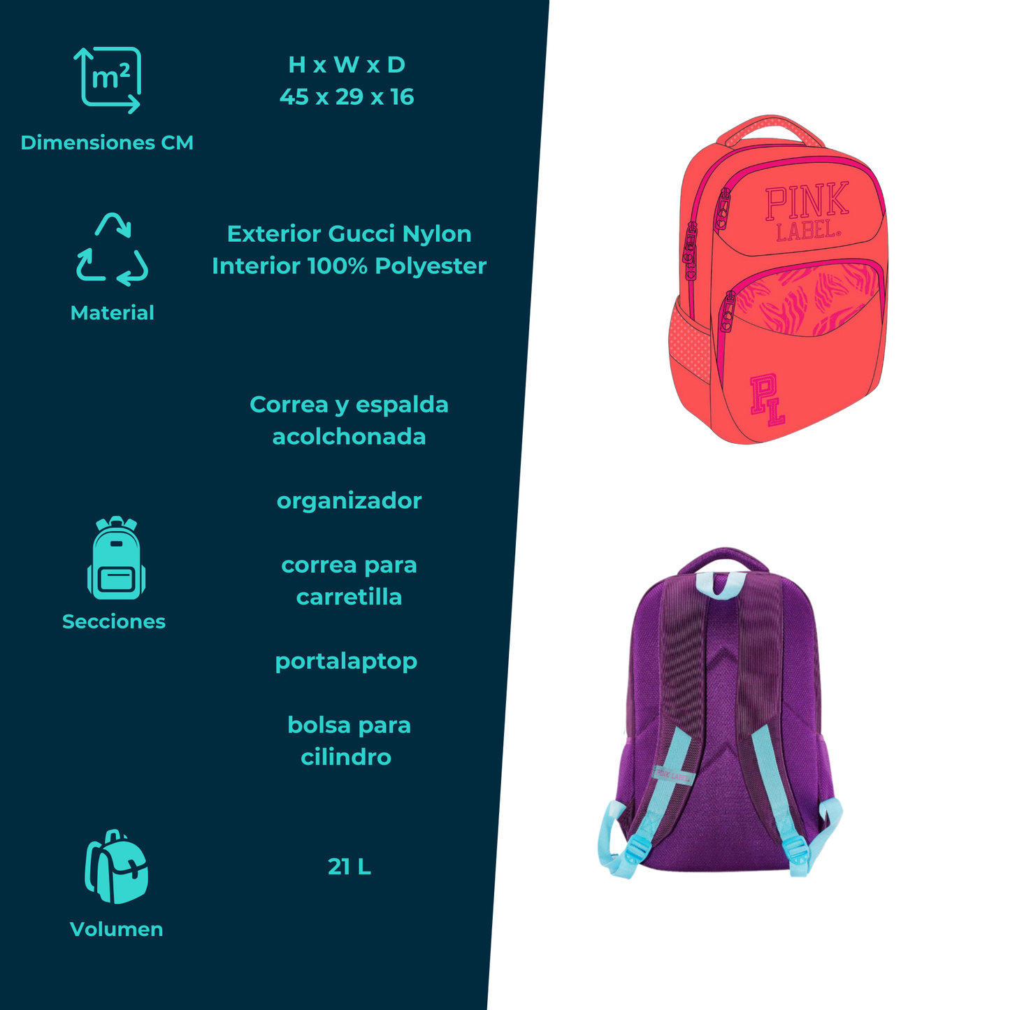 Mochila Escolar Pink Label varios colores con detalles vistosos