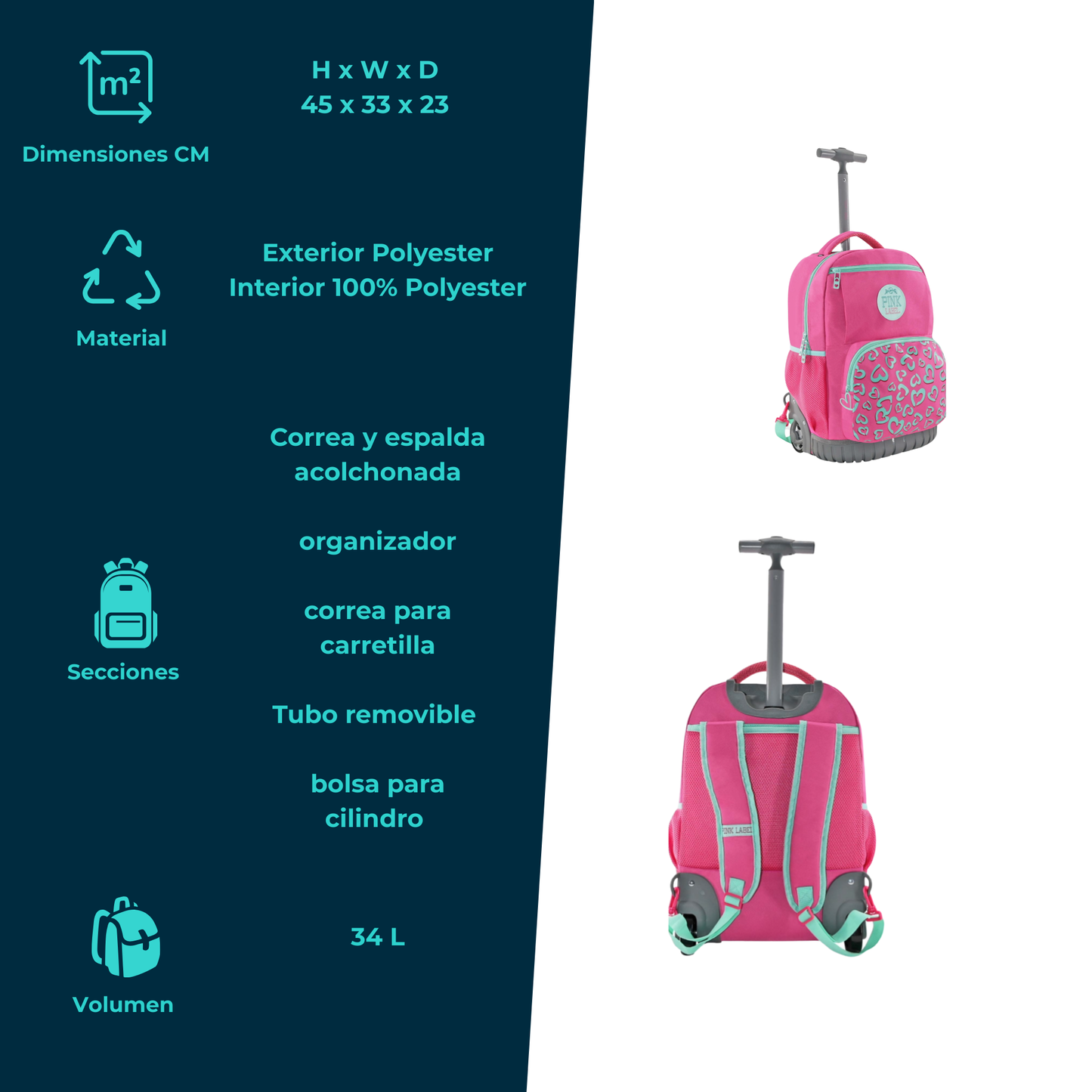 Mochila Escolar con Ruedas Pink LABEL Corazones