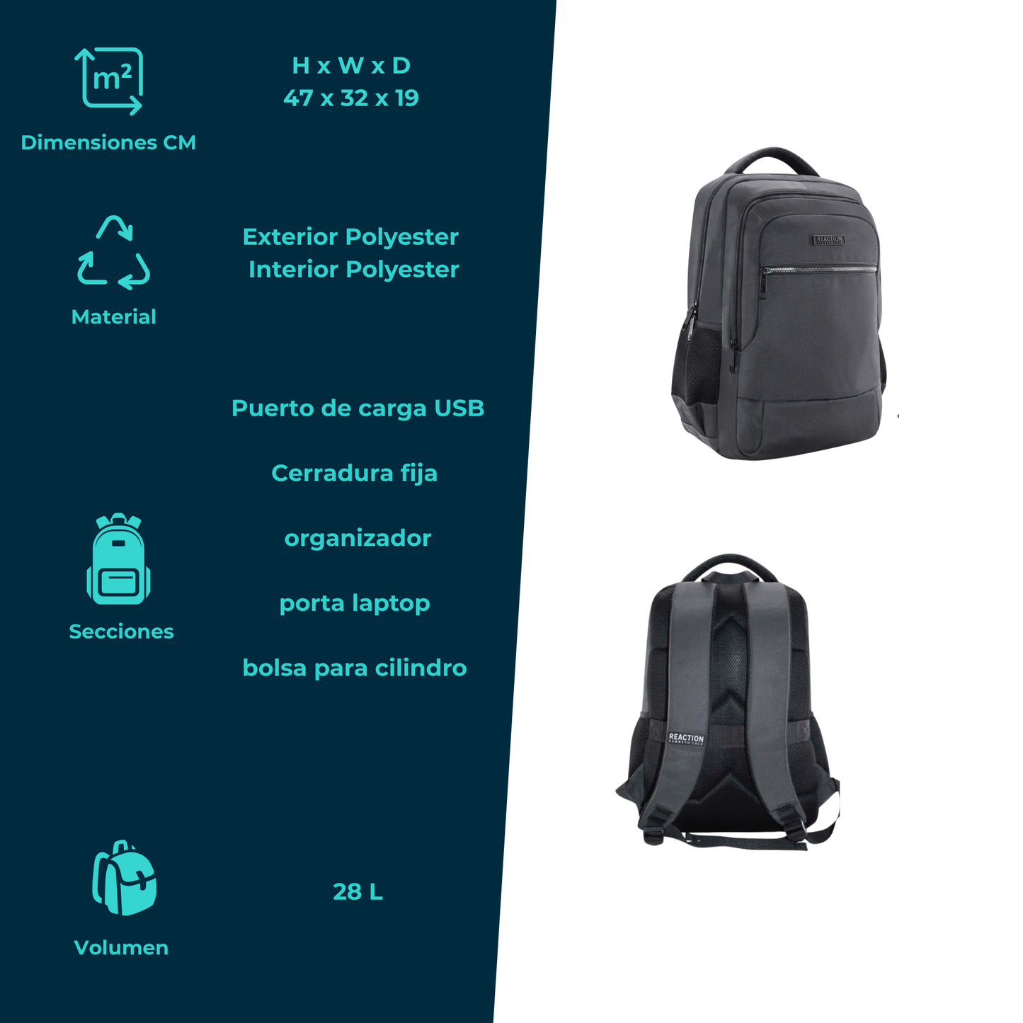 Mochila Reaction Kenneth Cole Negra 28L con Puerto USB