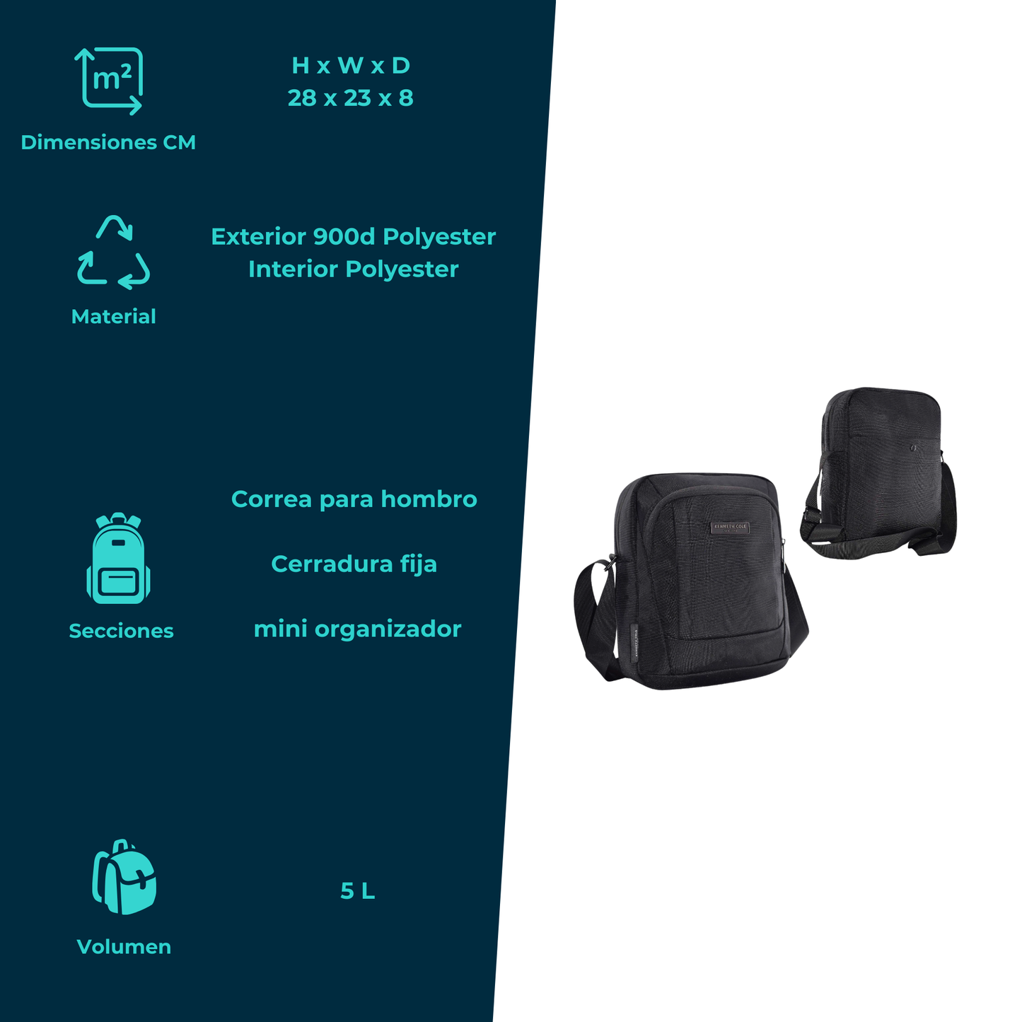 Messenger Bag Kenneth Cole 5L – Poliéster Resistente con Organizador