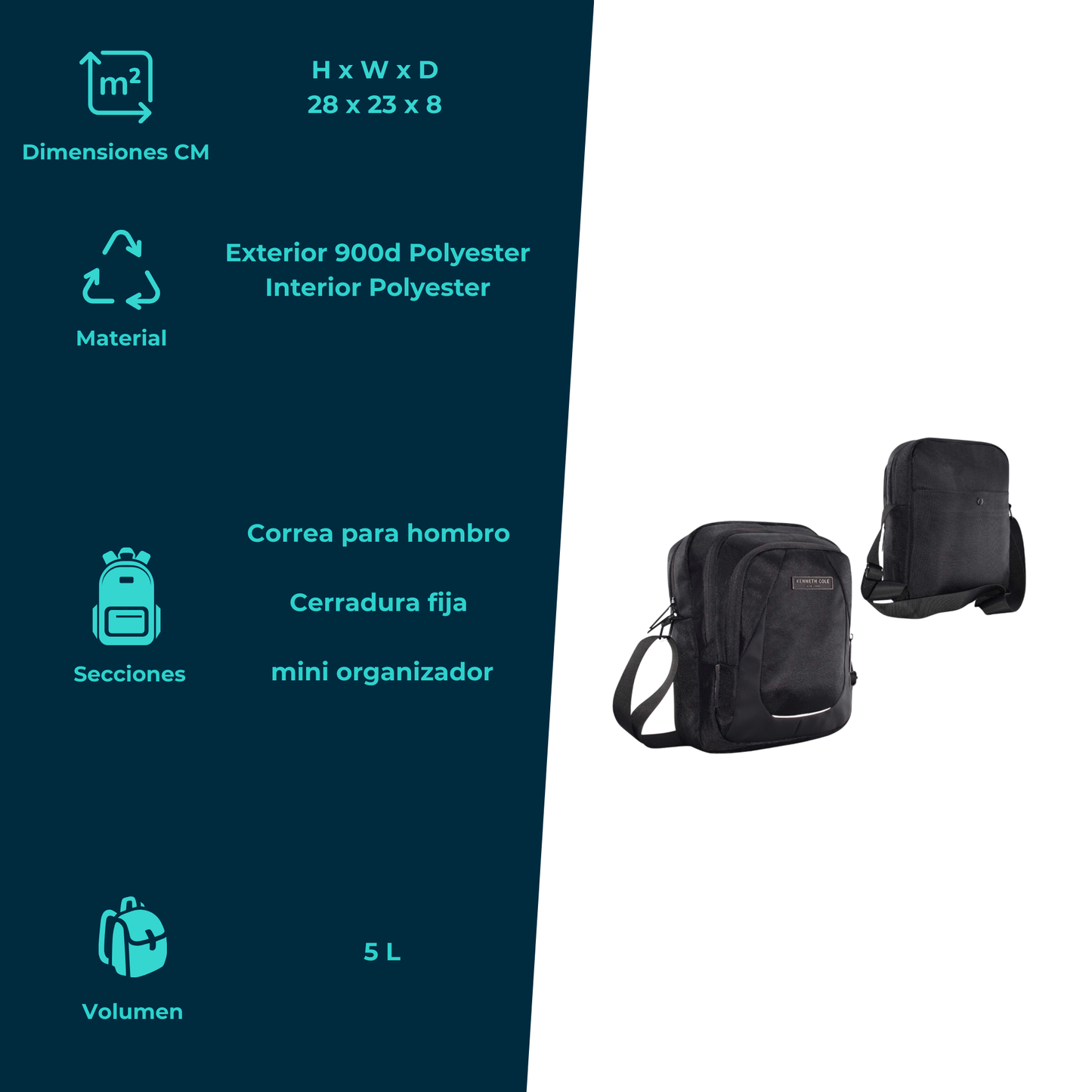 Messenger Bag Kenneth Cole 5L – Poliéster & PVC Resistente con Organizador