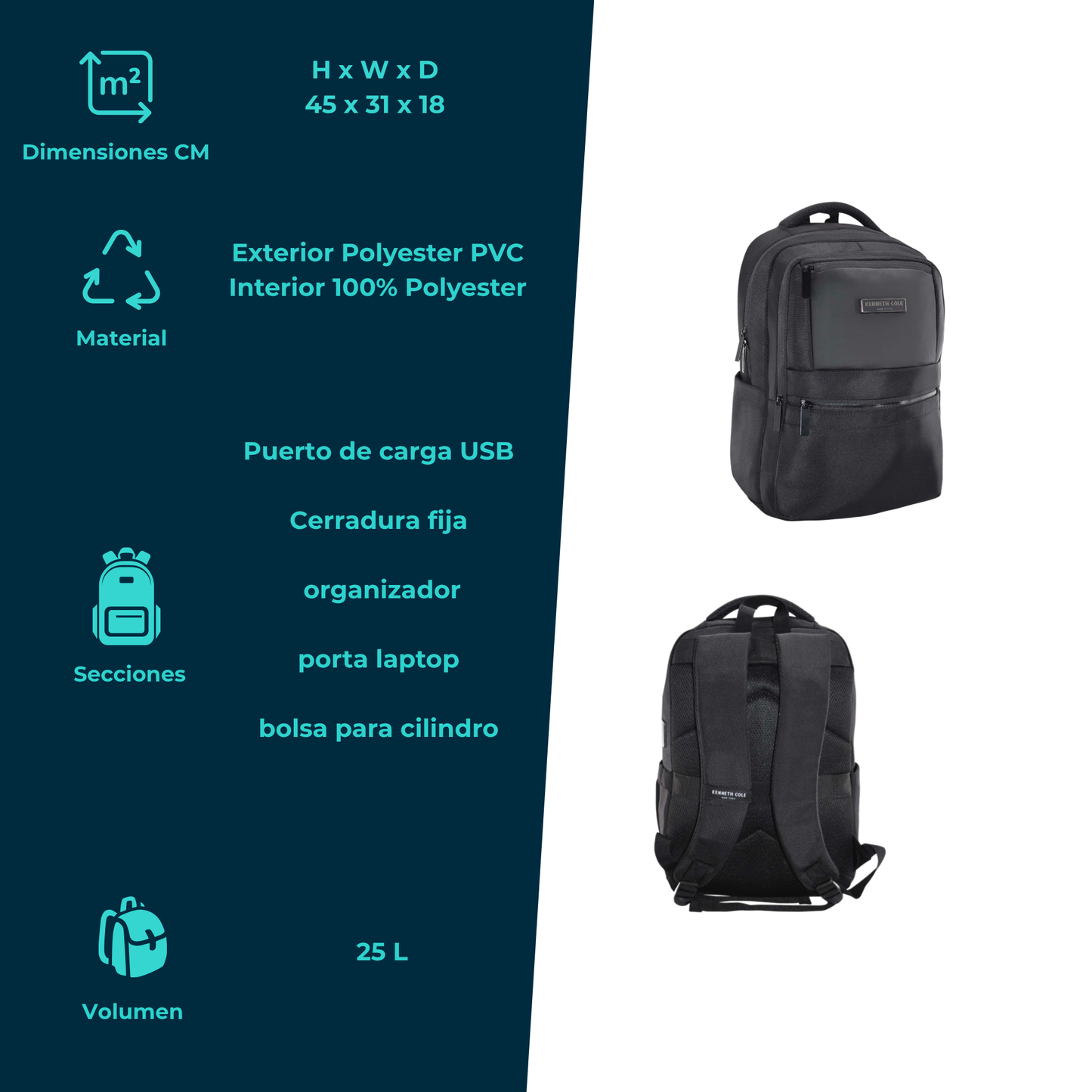 Mochila Kenneth Cole Negra con Puerto USB