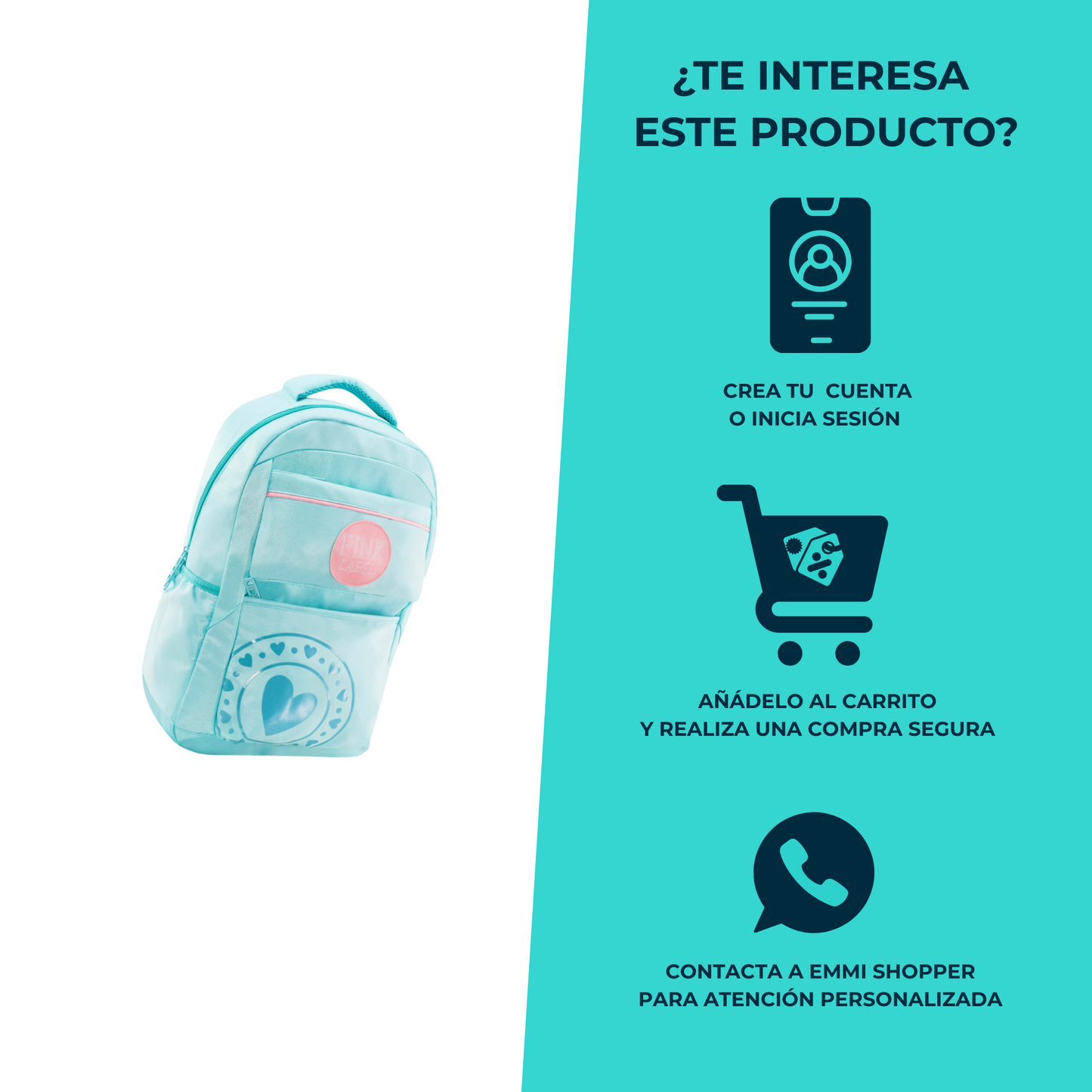 Mochila Pink Label Menta con Detalles Rosados