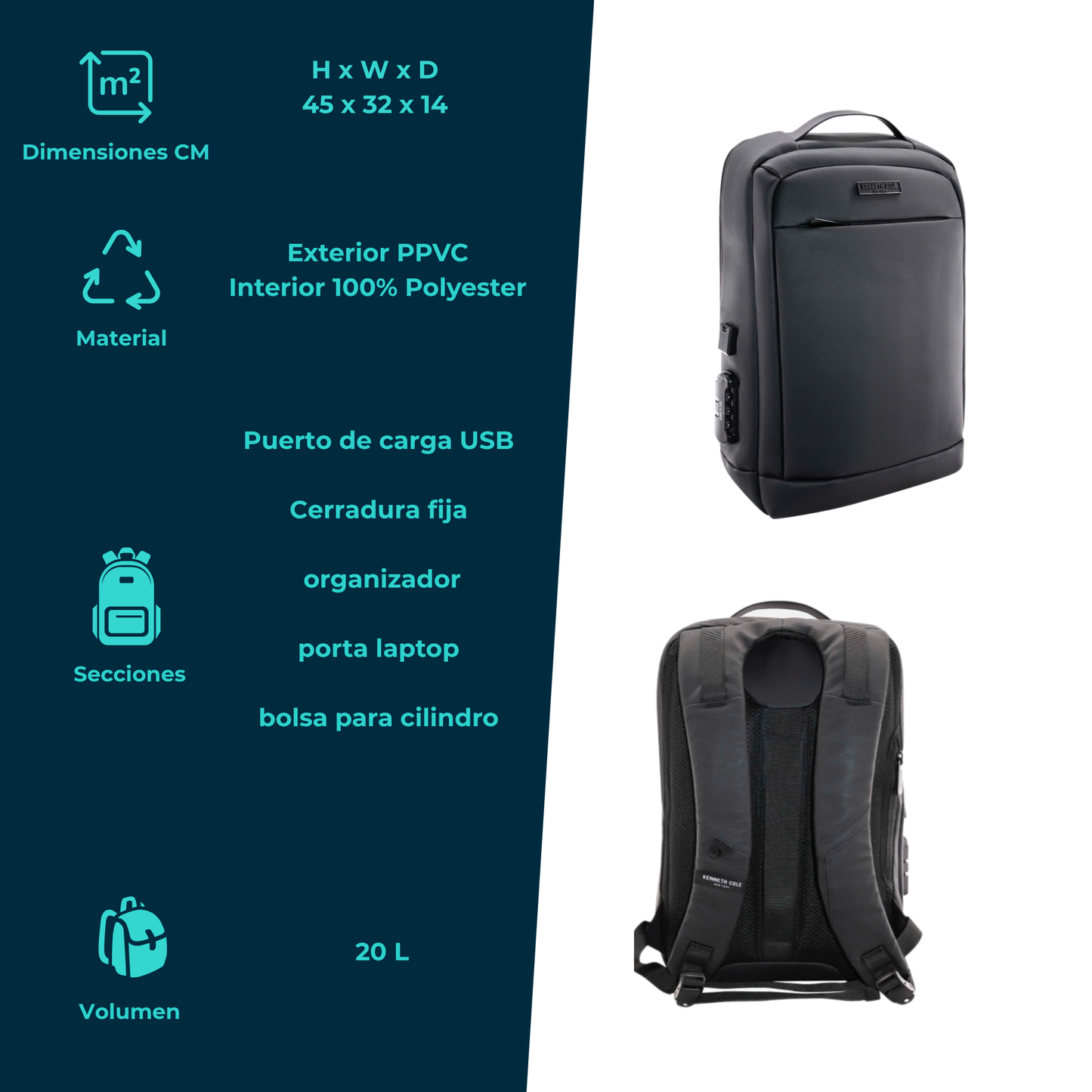 Mochila Kenneth Cole con Candado y Puerto USB