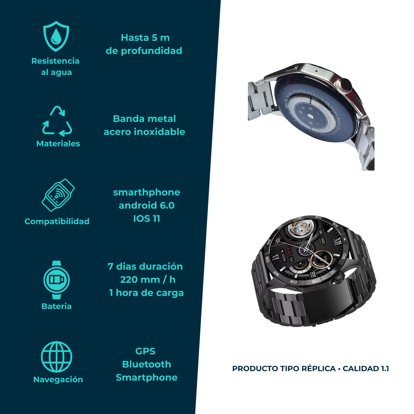 Smartwatch estilo G-Tide Power correa metálica y diseño elegante