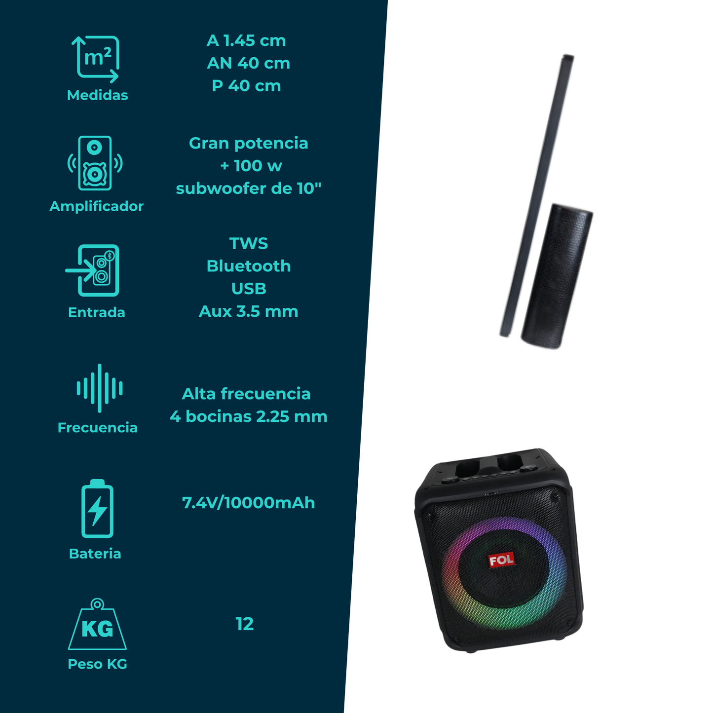 Torre de Sonido Bluetooth 100 W RMS Subwoofer 10″, Iluminación RGB