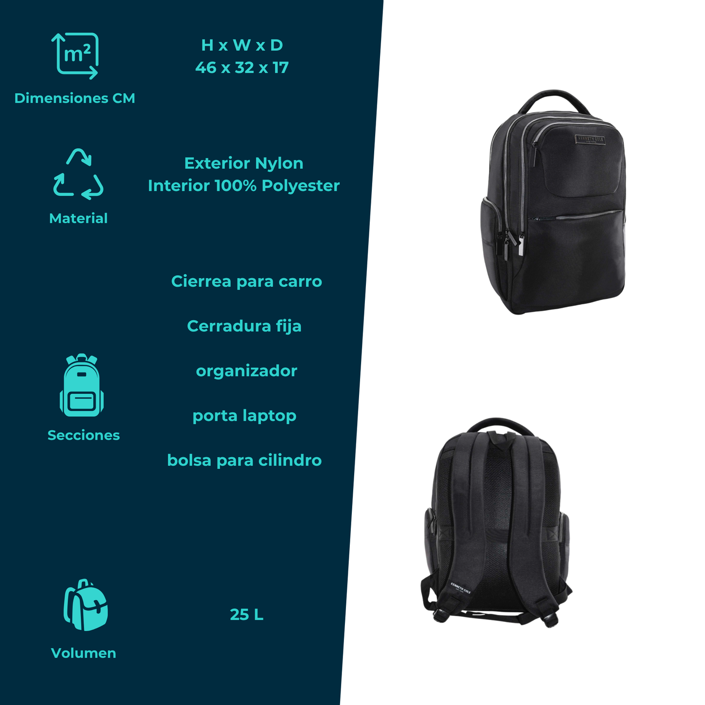 Mochila Kenneth Cole Negra con Compartimento para Laptop
