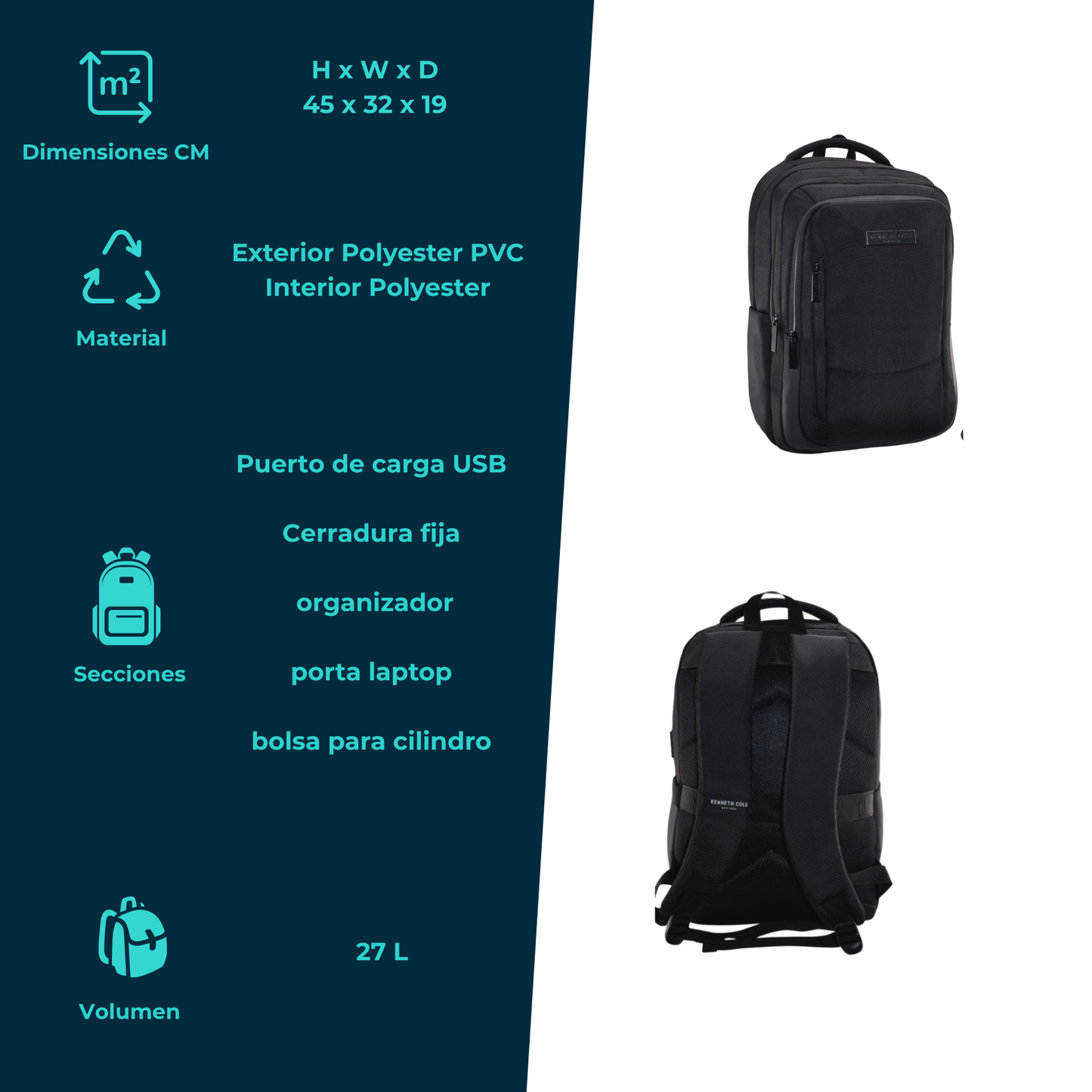 Mochila Kenneth Cole Negra con Puerto USB