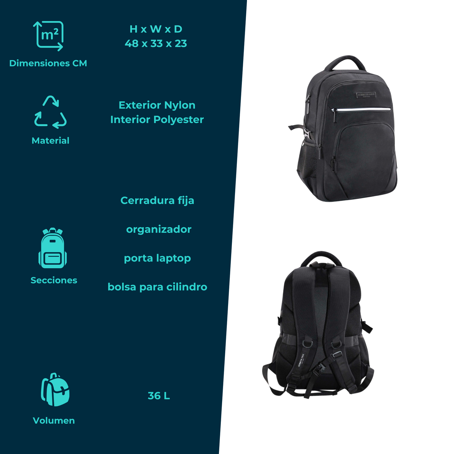 Mochila Kenneth Cole Negra de Gran Capacidad 36L