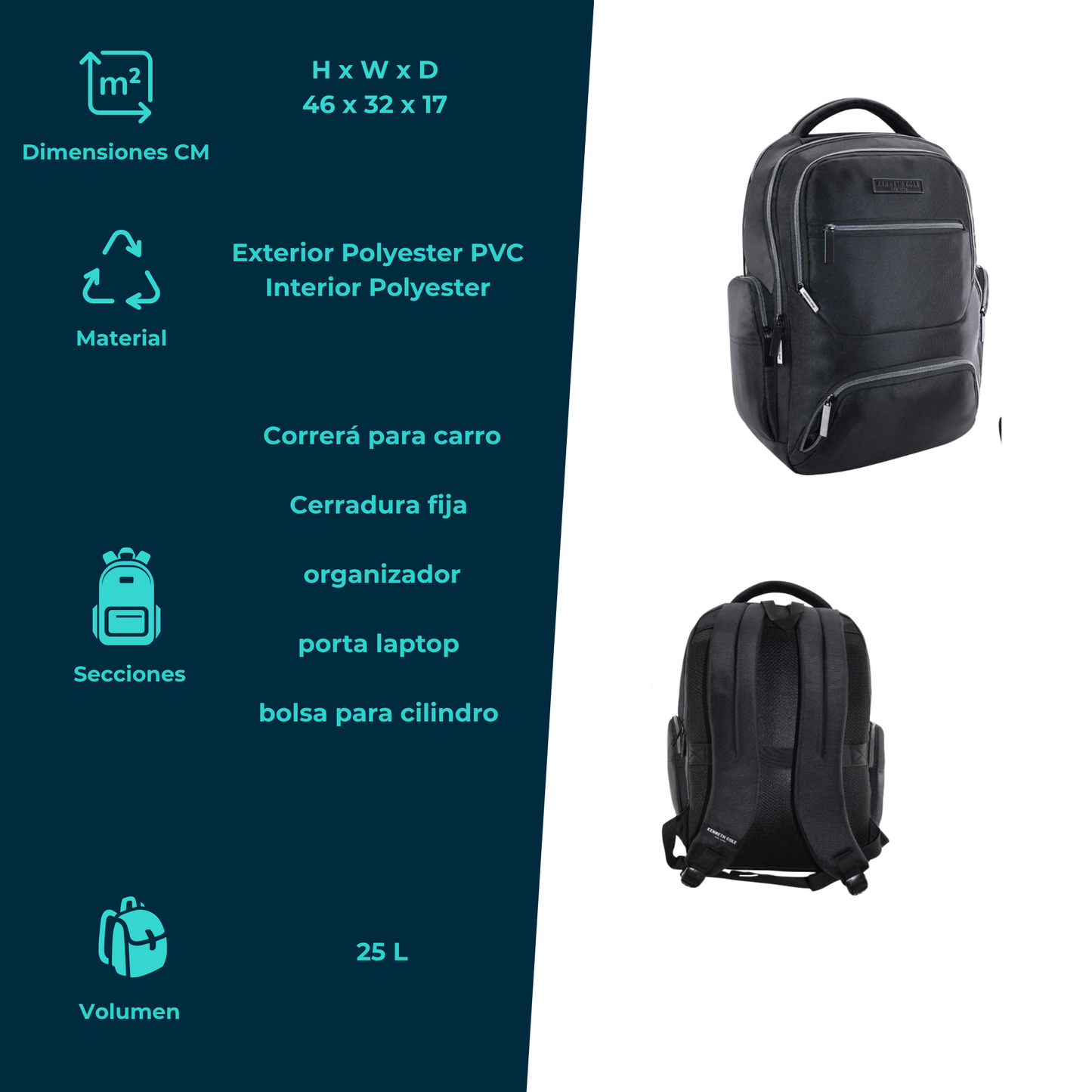 Mochila Kenneth Cole Negra con Estilo Ejecutivo 25L