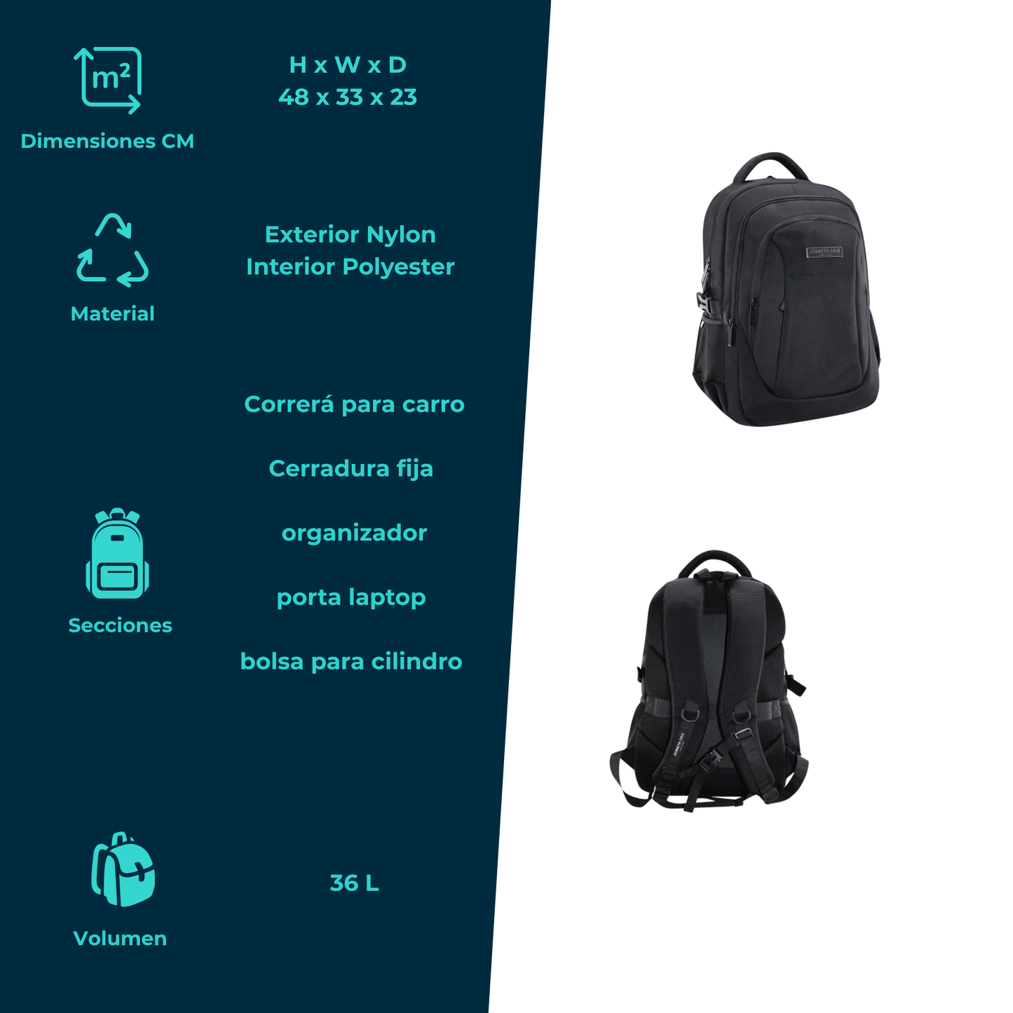Mochila Kenneth Cole Negra Amplia Capacidad 36L
